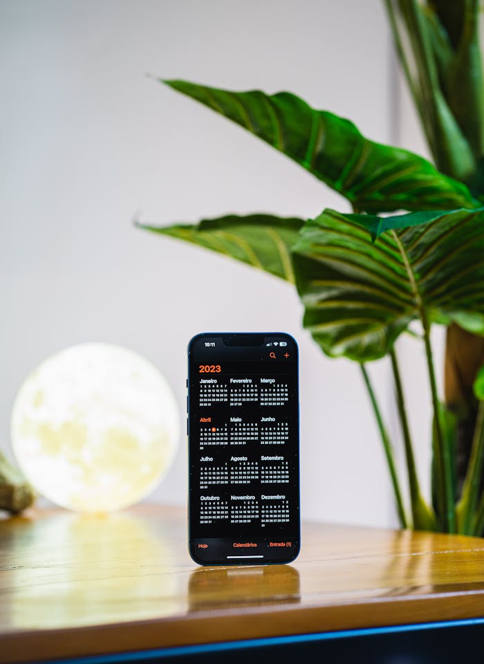 Modern smartphone showing 2023 calendar placed on wooden desk with plant and globe light.